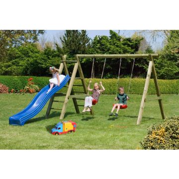 Houten speeltoestel Premium met twee schommelzitjes en glijbaan