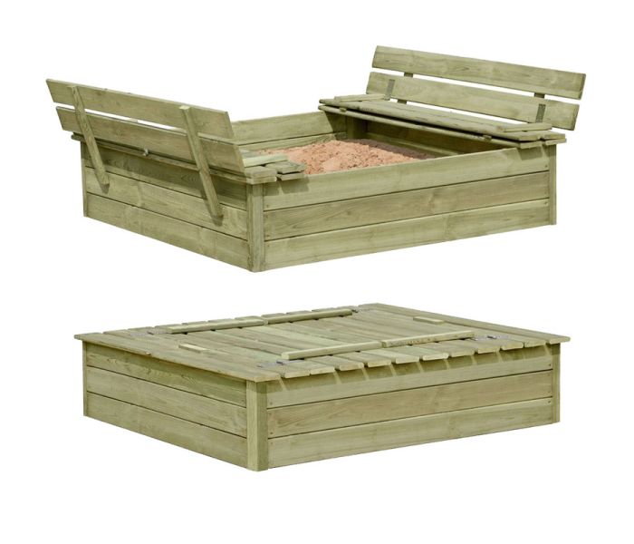 Houten zandbak 120 x 120 x 25 met bankjes